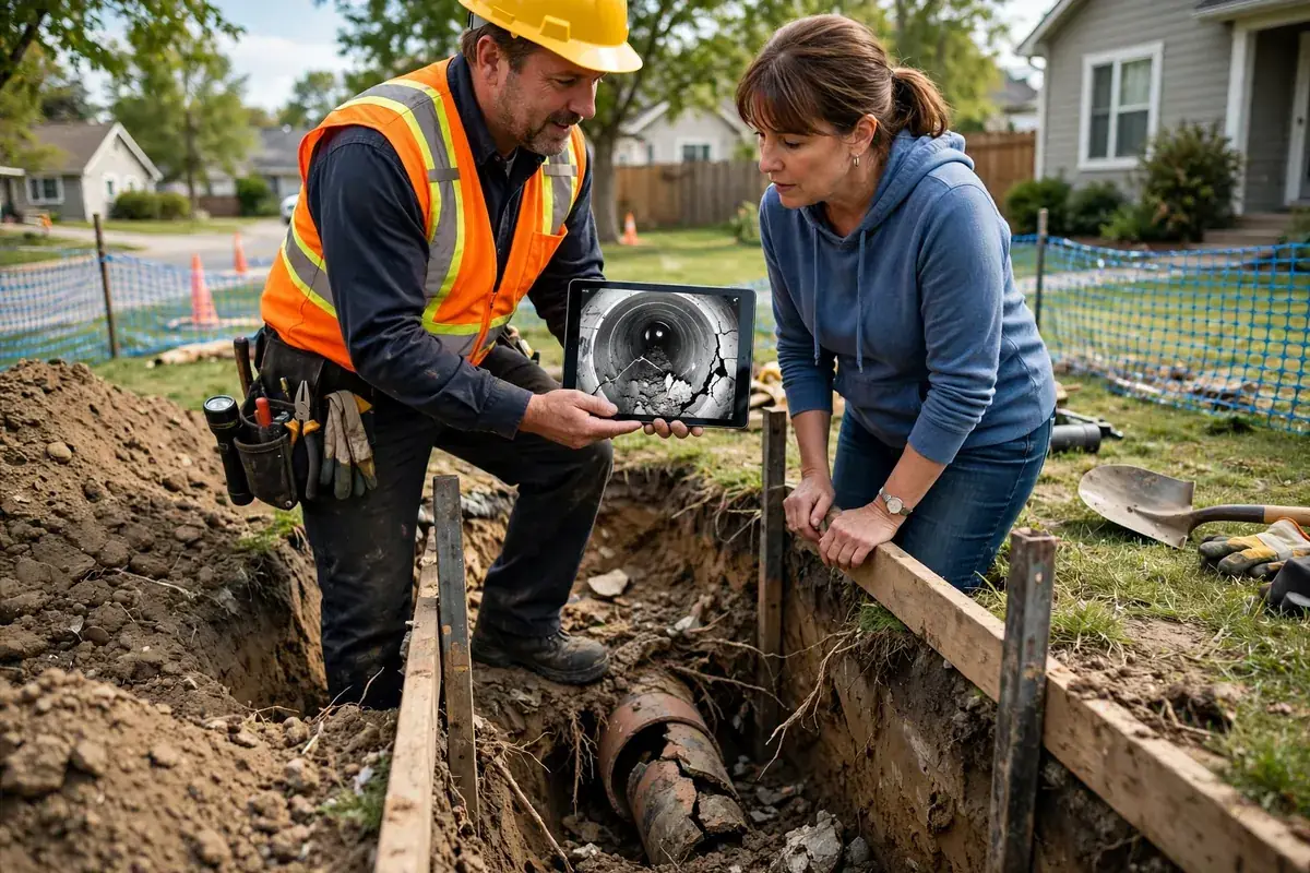Contractor showing a homeowner sewer camera findings beside an open repair trench