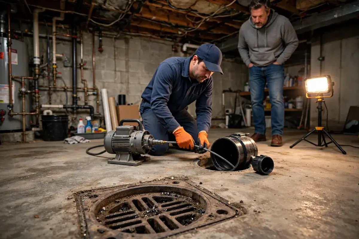 Technician clearing a main sewer line from a basement cleanout while a homeowner watches