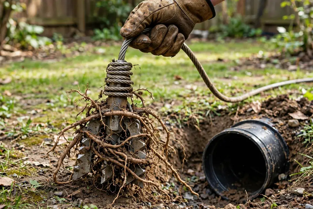 Root-cutting drain cable pulled from a sewer line, tangled with tree roots