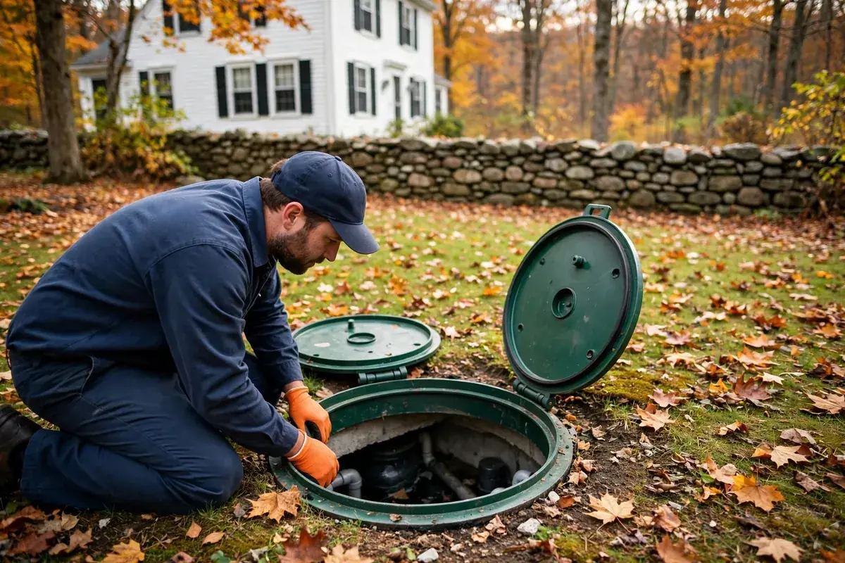 Technician opening septic tank lids in a rural Connecticut backyard in autumn
