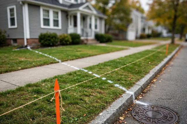 Property-line stake and paint marks tracing a sewer line to the street manhole