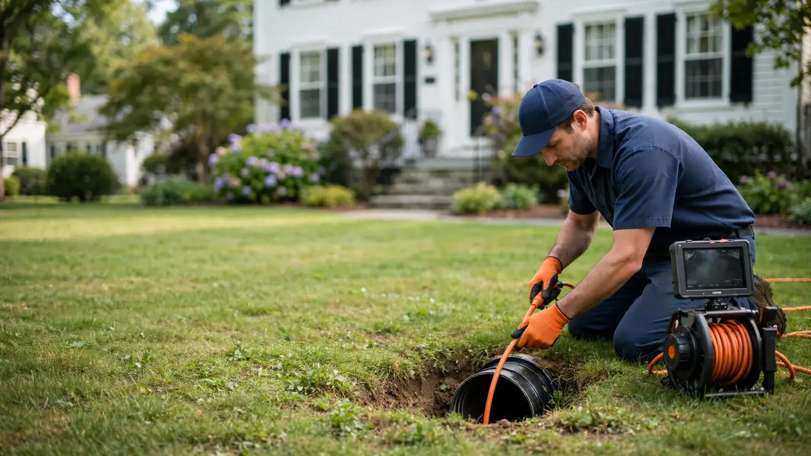 Sewer technician feeding an inspection camera into a residential sewer cleanout beside a lawn