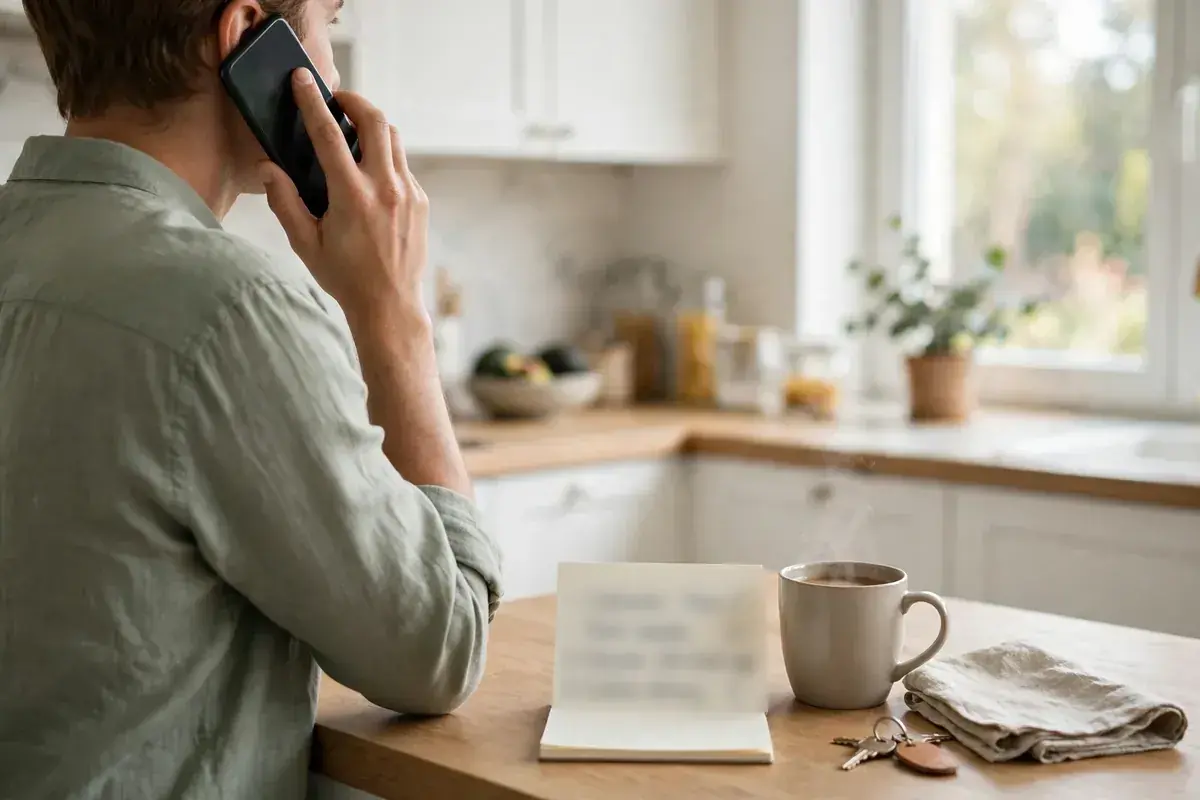 Homeowner on the phone in a bright kitchen with a checklist on the counter