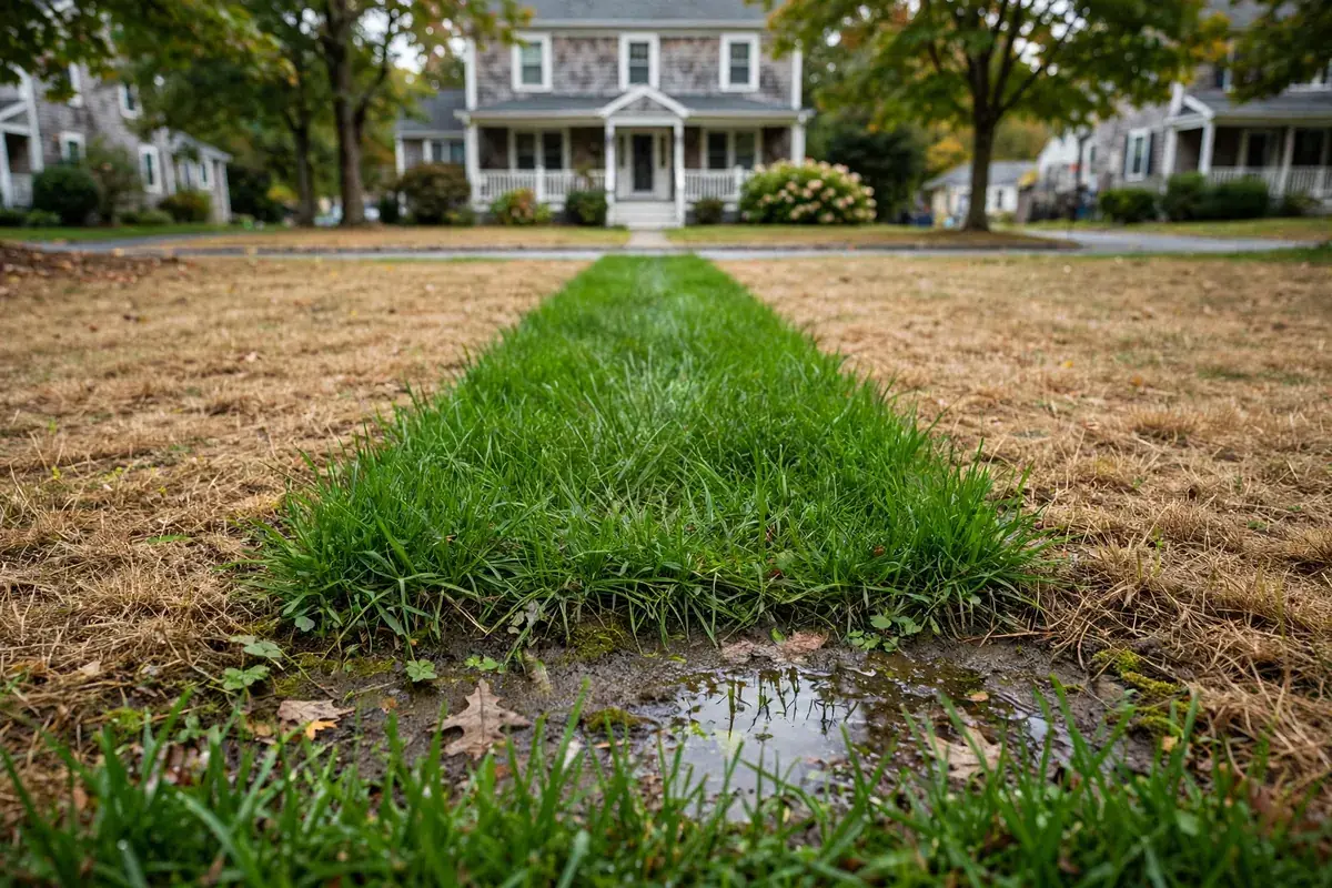 Strip of lush green grass with a soggy patch tracing a leaking sewer lateral across a dry lawn