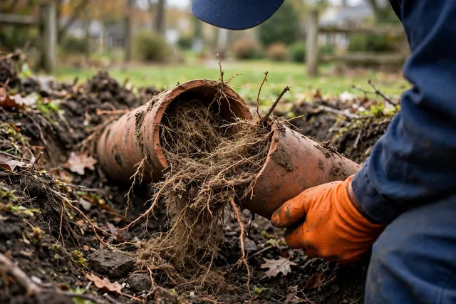 Broken clay sewer pipe packed with tree roots